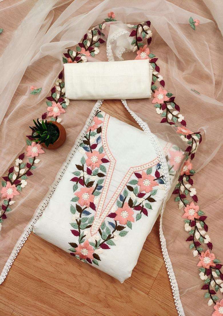 White Embroidery Cotton Kurta Set - Indya