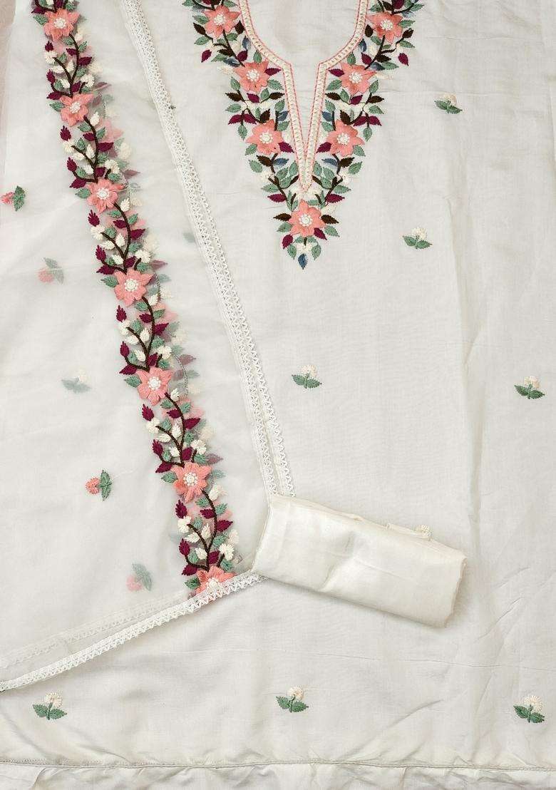 White Embroidery Cotton Kurta Set - Indya