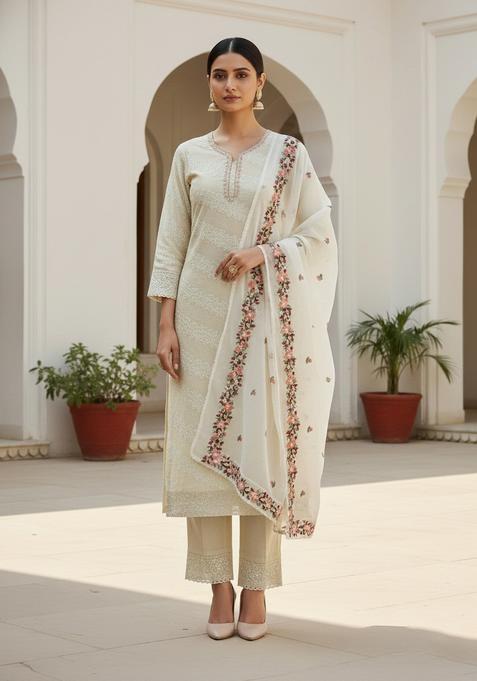 White Embroidery Cotton Kurta Set