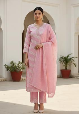 Pink Embroidery Chanderi Kurta Set