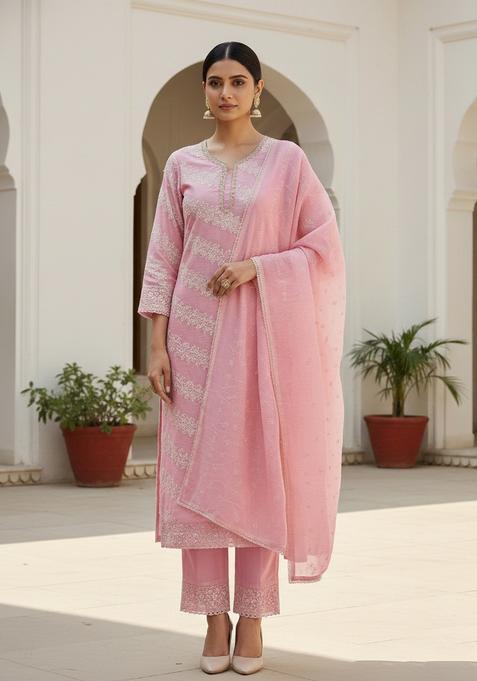 Pink Embroidery Chanderi Kurta Set
