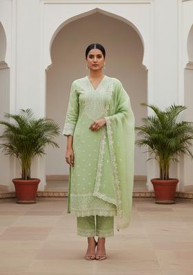 Green Embroidery Chanderi Kurta Set