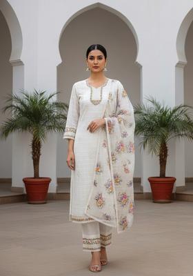 White Embroidery Organza Kurta Set