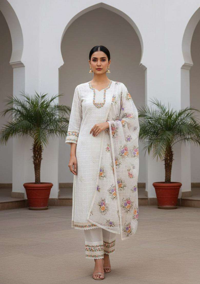 White Embroidery Organza Kurta Set - Indya
