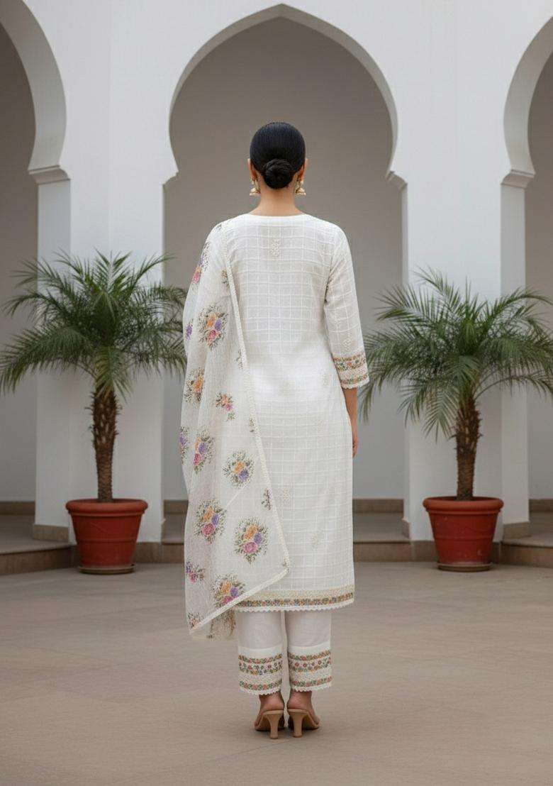 White Embroidery Organza Kurta Set - Indya