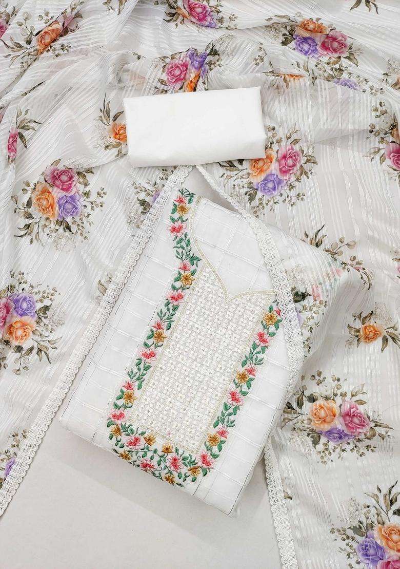 White Embroidery Organza Kurta Set - Indya