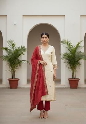 Beige Embroidery Chanderi Kurta Set
