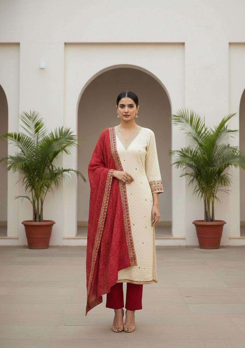 Beige Embroidery Chanderi Kurta Set - Indya