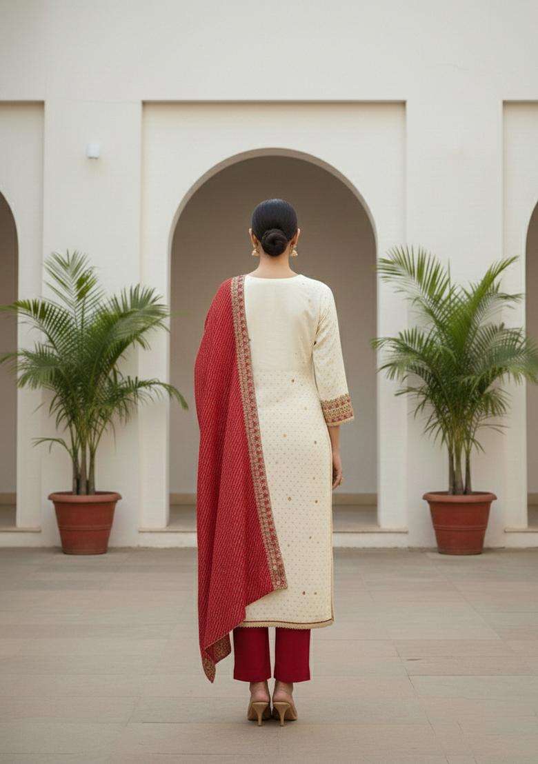 Beige Embroidery Chanderi Kurta Set - Indya