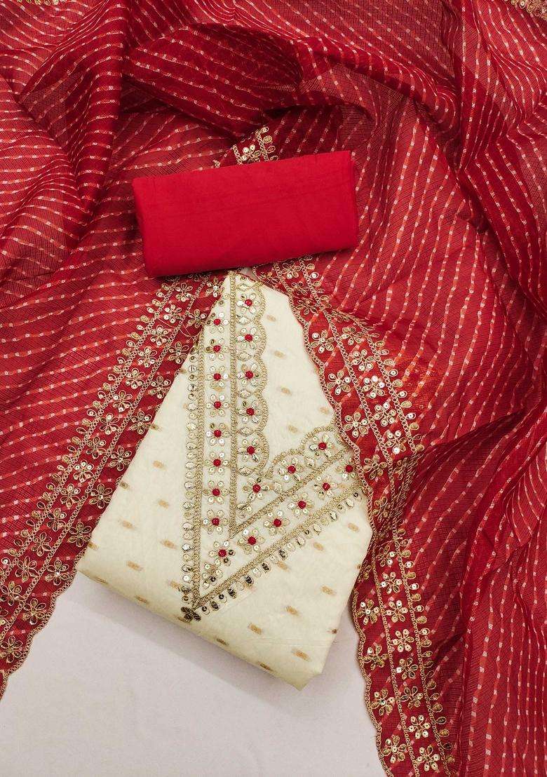 Beige Embroidery Chanderi Kurta Set - Indya