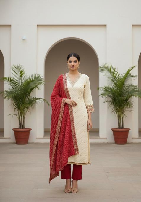 Beige Embroidery Chanderi Kurta Set