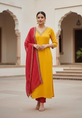 Yellow Embroidery Chanderi Kurta Set