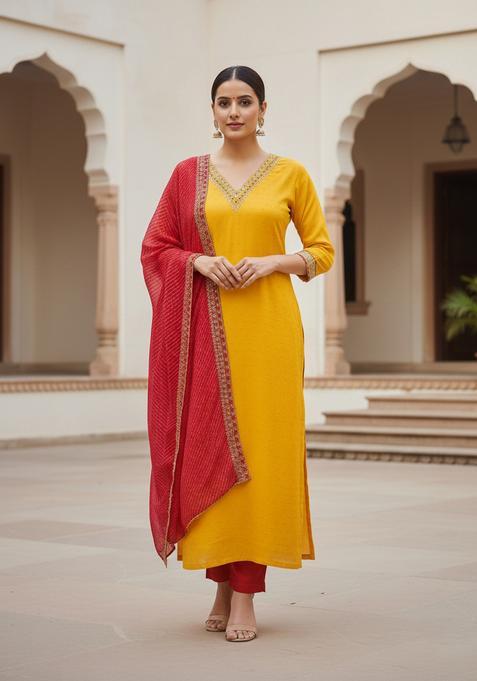 Yellow Embroidery Chanderi Kurta Set