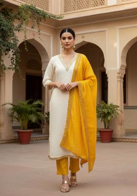 Yellow Embroidery Chanderi Kurta Set