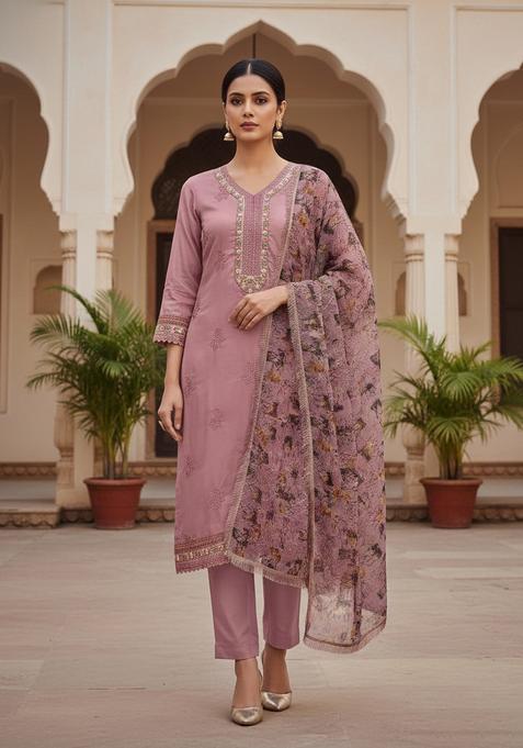 Pink Embroidery Silk Kurta Set