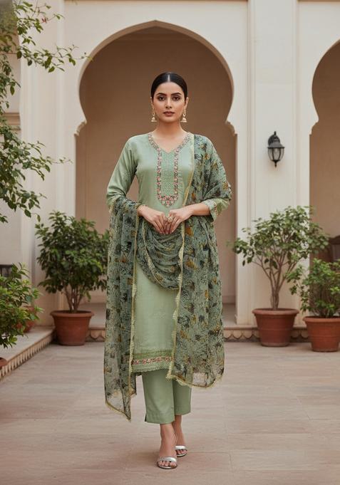 Green Embroidery Silk Kurta Set