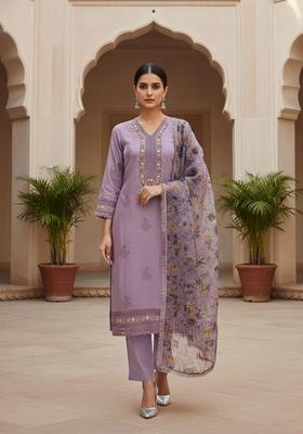 Purple Embroidery Silk Kurta Set