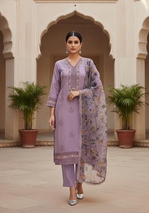 Purple Embroidery Silk Kurta Set