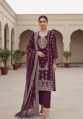 Purple Embroidery Silk Kurta Set
