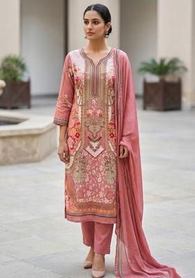 Peach Embroidery Chanderi Kurta Set