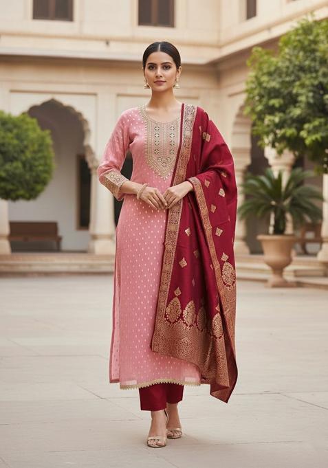 Peach Embroidery Shimmer Kurta Set