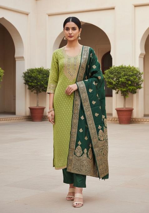 Green Embroidery Shimmer Kurta Set