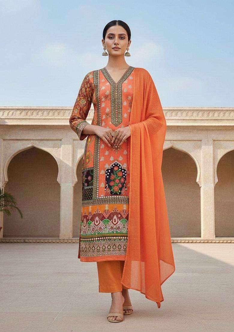 Orange Embroidery Shimmer Kurta Set - Indya