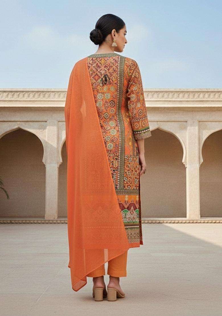 Orange Embroidery Shimmer Kurta Set - Indya