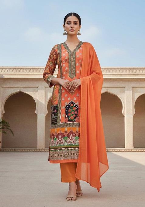 Orange Embroidery Shimmer Kurta Set