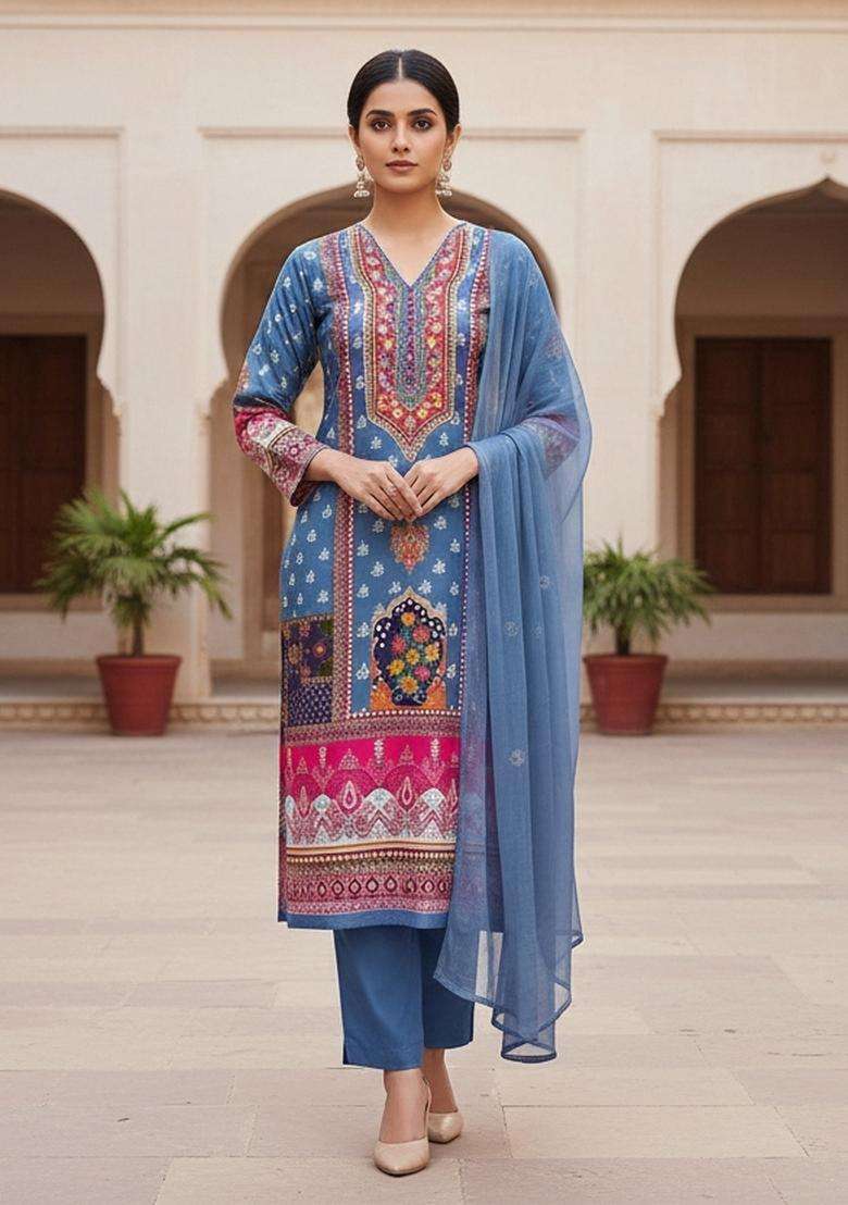 Blue Embroidery Shimmer Kurta Set - Indya