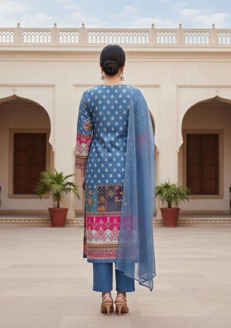 Blue Embroidery Shimmer Kurta Set - Indya