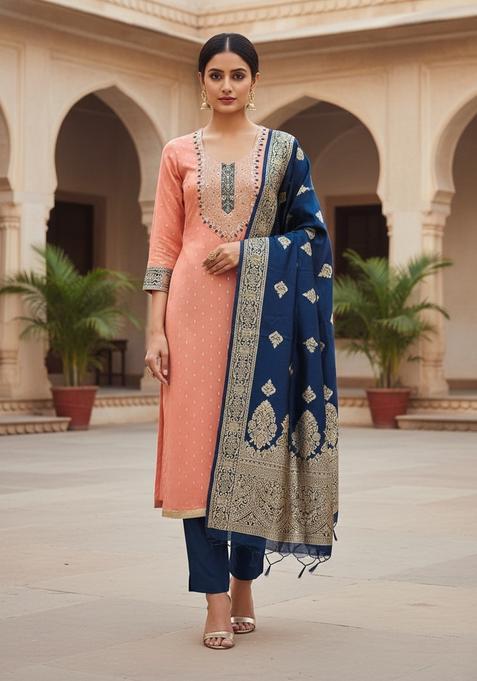 Peach Embroidery Shimmer Kurta Set