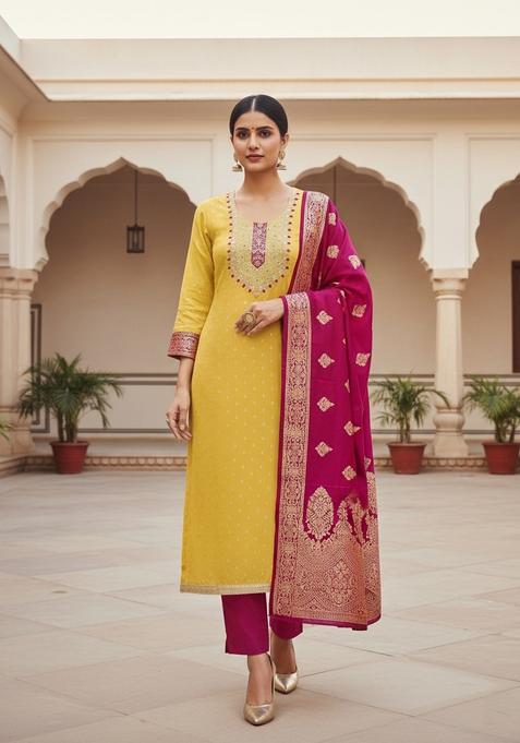Yellow Embroidery Shimmer Kurta Set