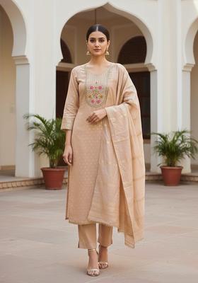 Beige Embroidery Shimmer Kurta Set