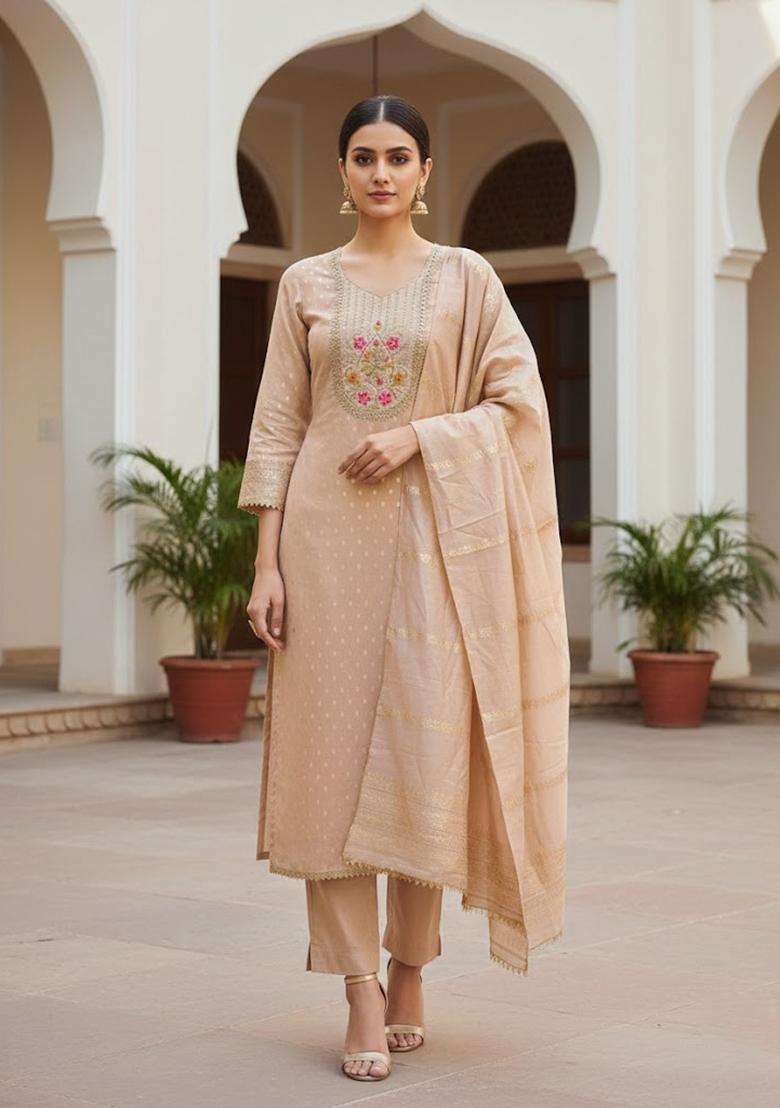 Beige Embroidery Shimmer Kurta Set - Indya