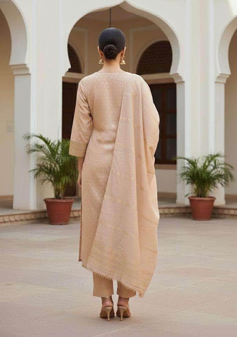 Beige Embroidery Shimmer Kurta Set - Indya