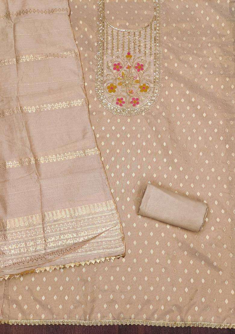 Beige Embroidery Shimmer Kurta Set - Indya