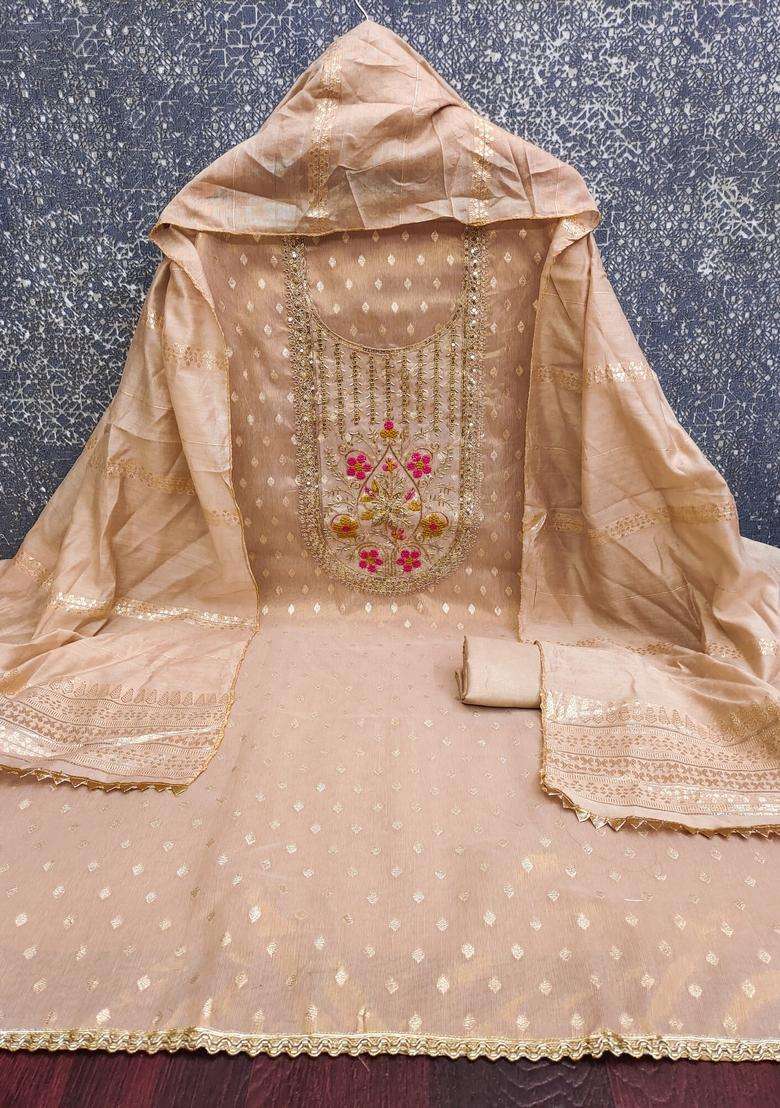 Beige Embroidery Shimmer Kurta Set - Indya