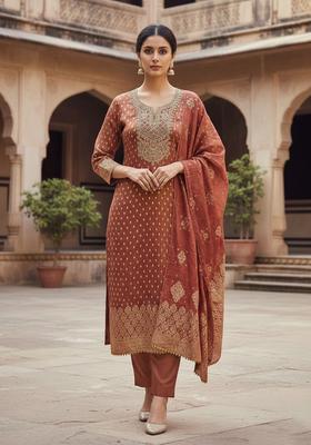 Orange Embroidery Shimmer Kurta Set
