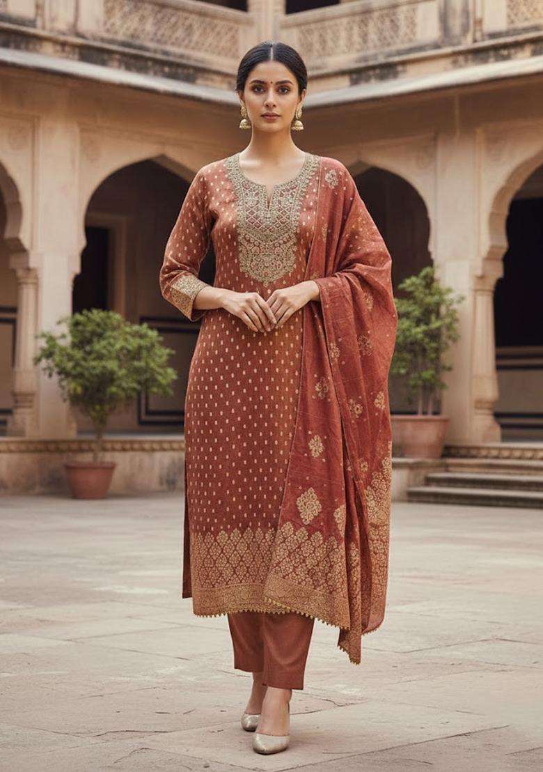 Orange Embroidery Shimmer Kurta Set - Indya