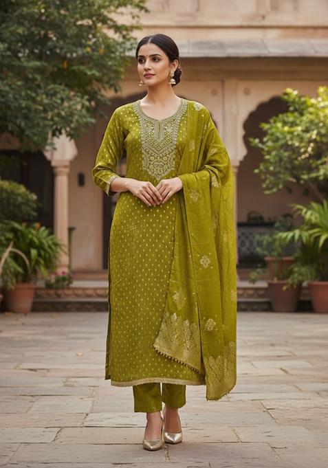 Olive Embroidery Shimmer Kurta Set