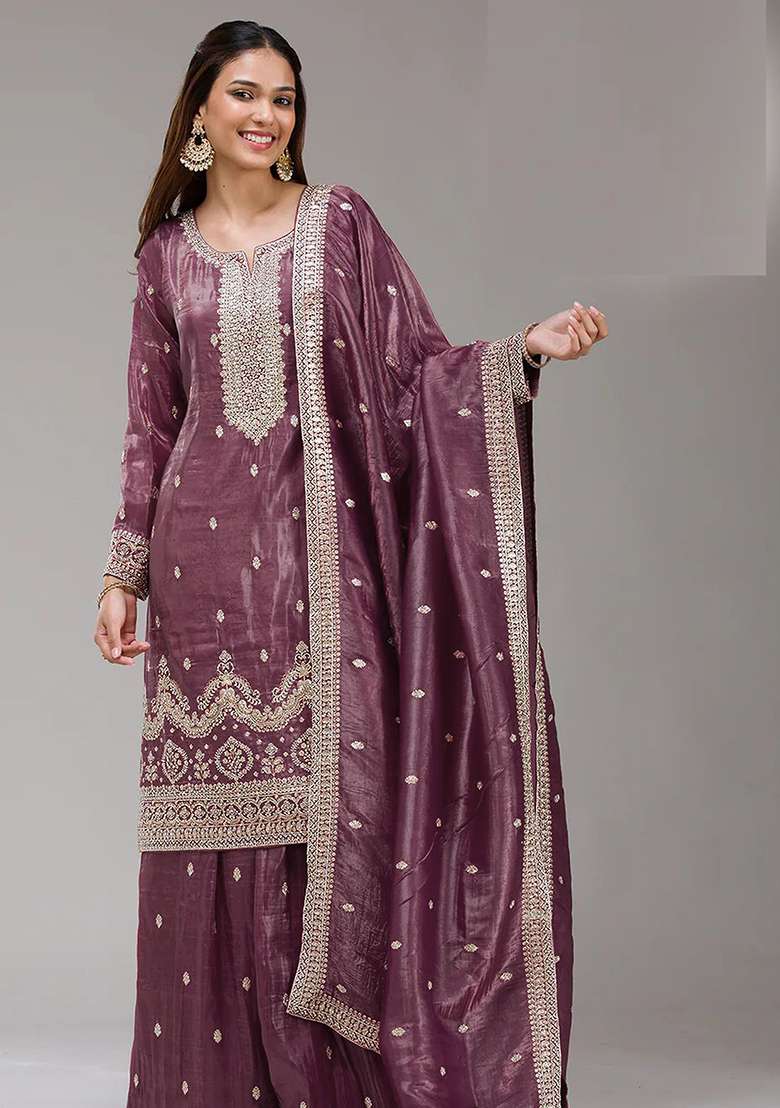 Mauve Embroidered Gold Crush Sharara Set - Indya
