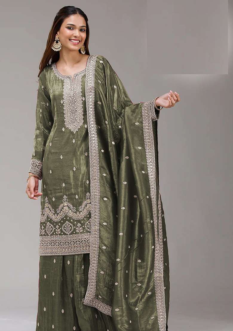 Green Embroidered Gold Crush Sharara Set - Indya