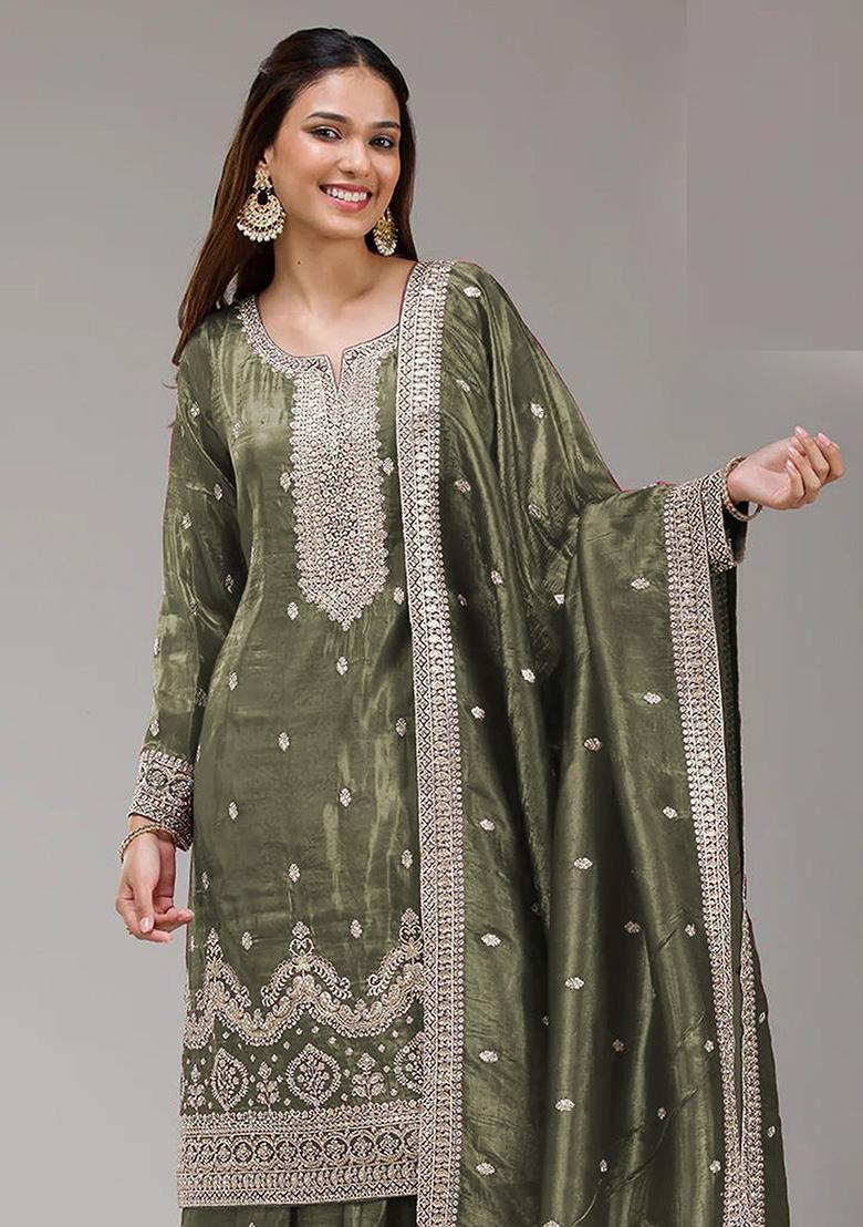 Green Embroidery Gold Crush Kurta Set - Indya