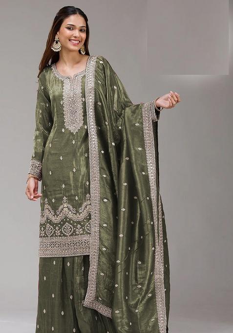 Green Embroidery Gold Crush Kurta Set