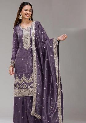 Purple Embroidery Gold Crush Kurta Set