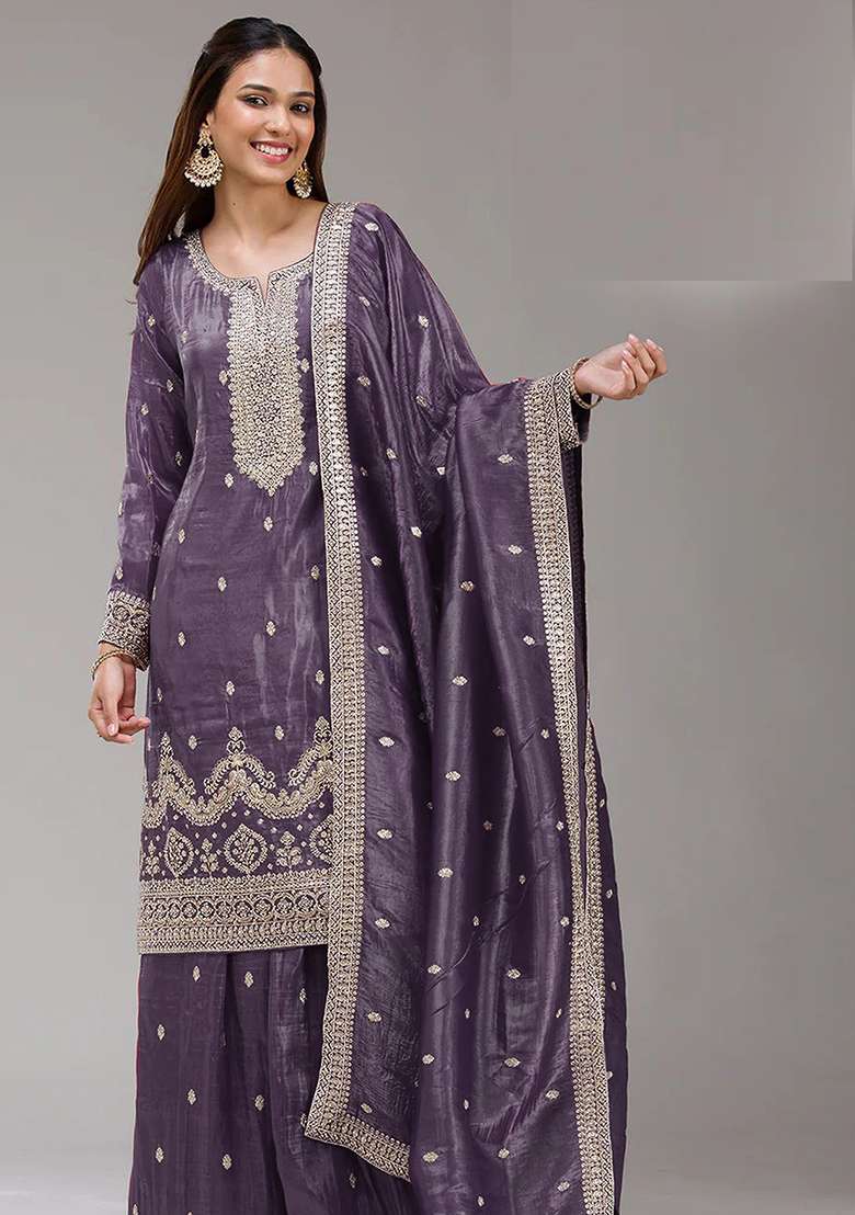 Purple Embroidered Gold Crush Sharara Set - Indya