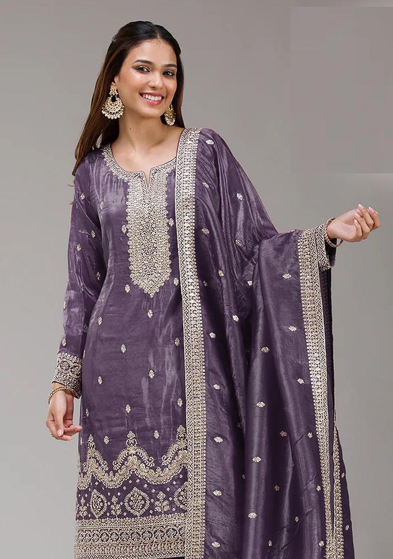 Purple Embroidery Gold Crush Kurta Set - Indya