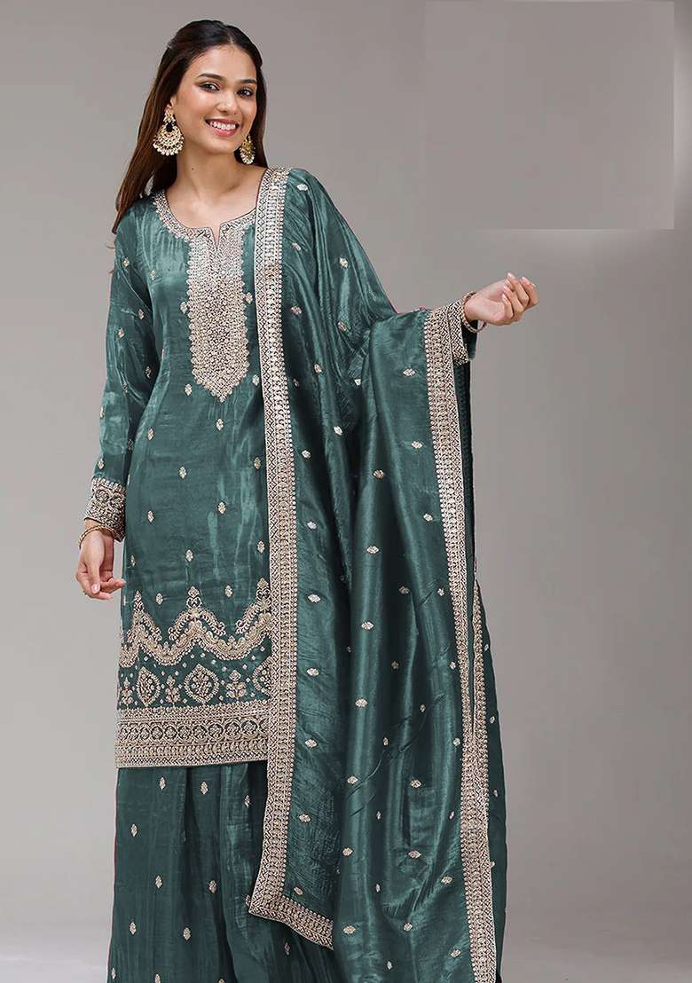 Wine Embroidered Gold Crush Sharara Set - Indya