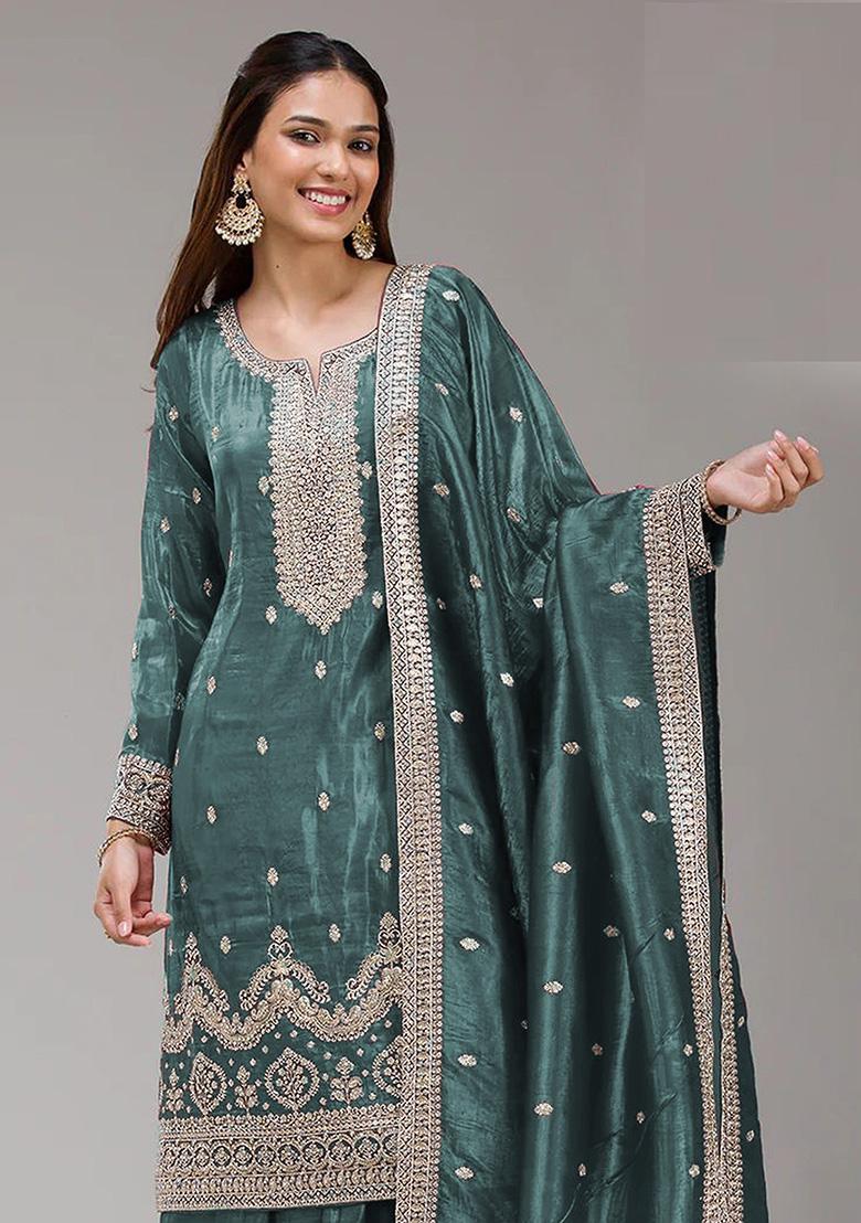 Wine Embroidery Gold Crush Kurta Set - Indya